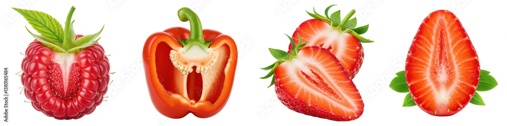 Fresh Raspberry, Red Bell Pepper Half, Strawberry Slices. Fresh Raspberry, Red Bell Pepper Half, Strawberry Slices.