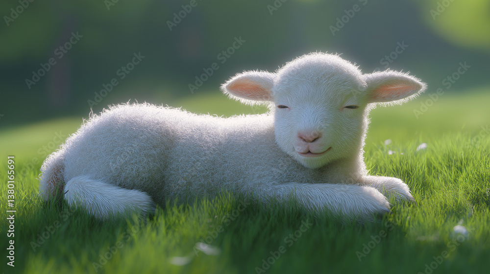 Obraz premium Smiling baby lamb lying in grass under soft morning light