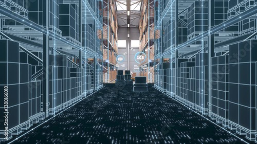 Wallpaper Mural Warehouse Digitization and Digital Automation: AGV robots transporting cardboard boxes in logistics center. Graphic effects visualize optimized warehouse management. 3d rendering animation. Torontodigital.ca