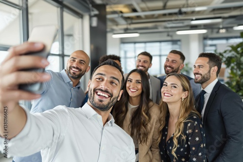 Selfie et groupe de personnes d’affaires au bureau prenant des photos pour les réseaux sociaux. Portrait de diversité, collaboration et amis heureux, hommes et femmes riant et prenant une photo