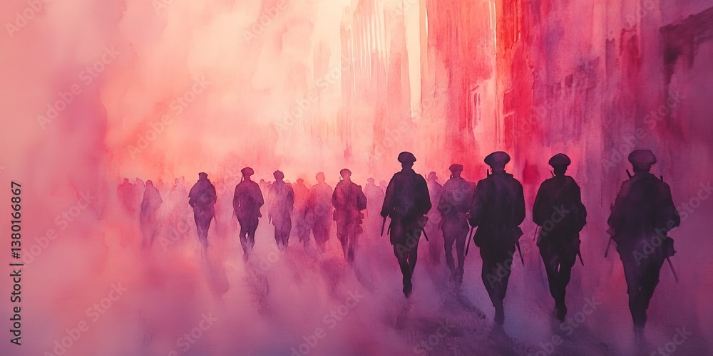 Soldiers marching in a red city watercolor painting Soldiers marching in a red city watercolor painting