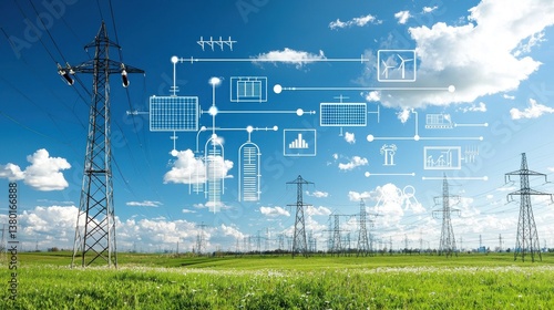 Electrical power transmission towers and power lines crossing a green rural field under a cloudy blue sky with a diagram overlay showing the technology and infrastructure of the electricity grid