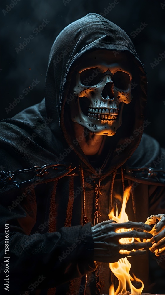 A hooded figure channels fiery energy into a floating skull, brightening the dark space around him. A hooded figure channels fiery energy into a floating skull, brightening the dark space around him.