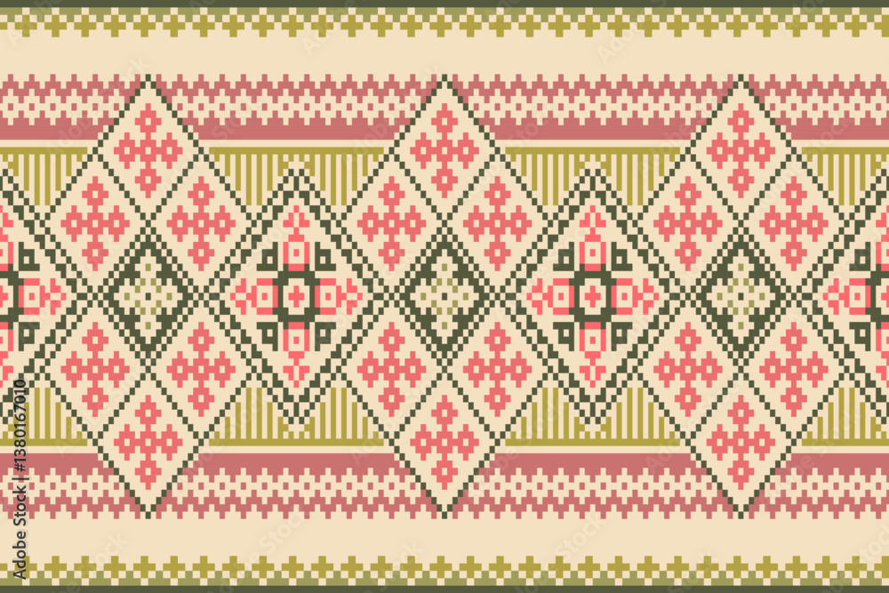 Floral pixel art pattern.Ikat embroidery Ethnic oriental Pixel pattern red christmas day background. carpet,wallpaper,clothing,wrapping,Batik,fabric,Vector illustration.floral samless pattern,abstract