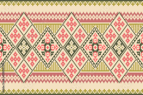 Obraz na płótnie Floral pixel art pattern.Ikat embroidery Ethnic oriental Pixel pattern red christmas day background. carpet,wallpaper,clothing,wrapping,Batik,fabric,Vector illustration.floral samless pattern,abstract w salonie