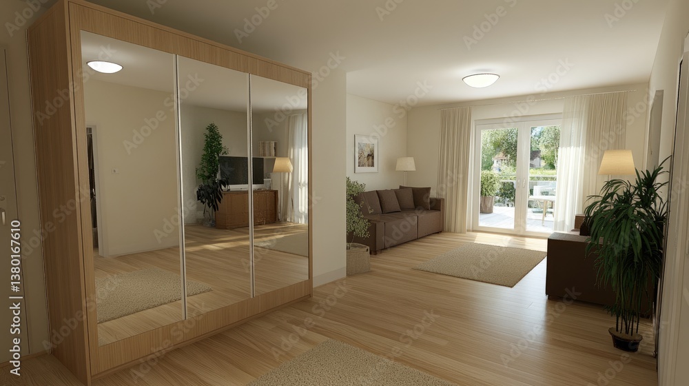 Fototapeta premium Stylish hallway includes a mirrored wardrobe, cozy wooden floors, and soft lighting, creating an inviting atmosphere in the apartment