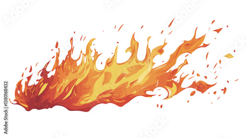 A vivid depiction of a fiery blaze, showcasing intense combustion with swirling flames and glowing embers. This dynamic illustration captures the raw energy and heat of fire, 