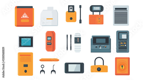 A comprehensive vector graphic design illustrating various fire safety and security installations, including fire extinguishers, alarms, hydrants, and sprinkler systems. 