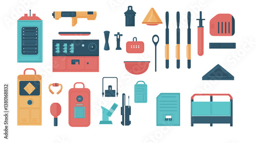 A comprehensive vector graphic design illustrating various fire safety and security installations, including fire extinguishers, alarms, hydrants, and sprinkler systems. 