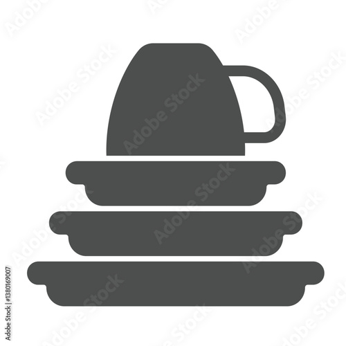 Three ceramic plates and cup solid icon, culinary cooking concept. Vector graphics. Clean dishes, washing sign on white background, glyph style icon for mobile or web design.