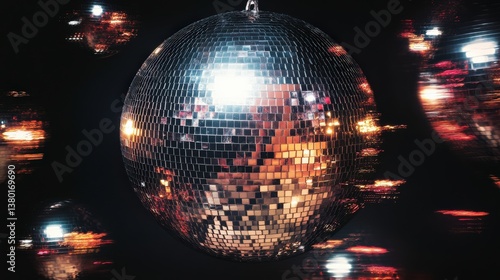 A dazzling disco ball reflects vibrant lights, representing celebration, fun, and nostalgia, capturing the essence of nightlife and the joyous mood of dance parties.