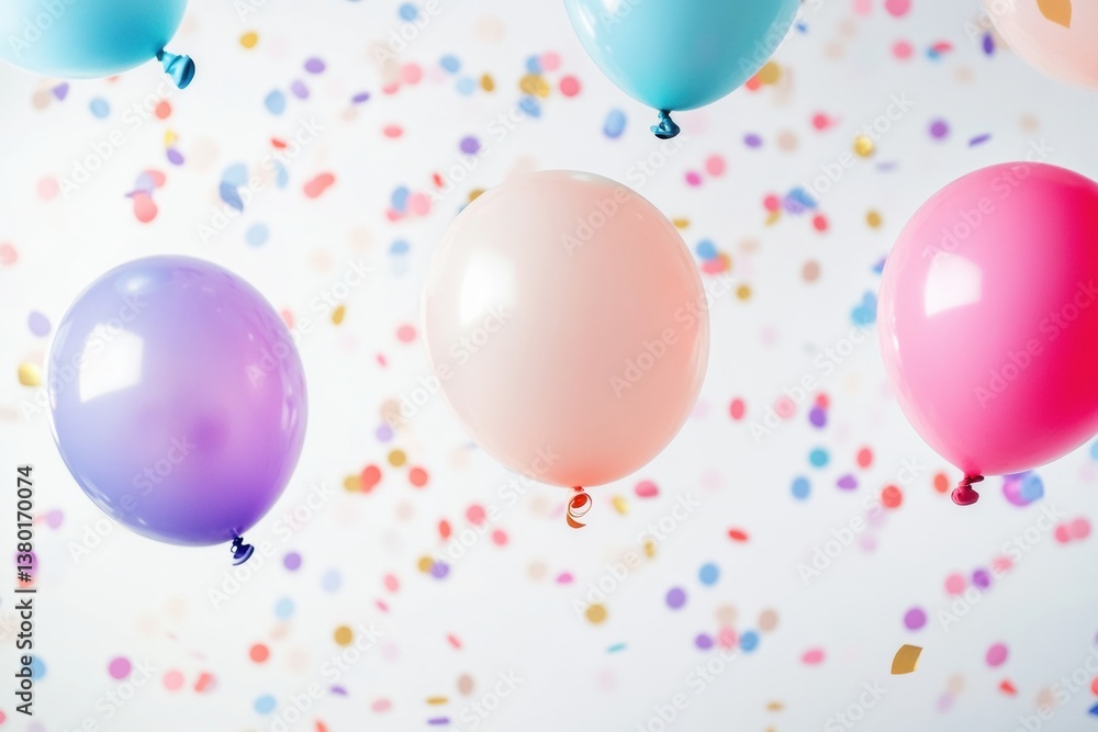 Floating pastel party balloons and confetti create a festive atmosphere for celebrations and joyful gatherings Floating pastel party balloons and confetti create a festive atmosphere for celebrations and joyful gatherings