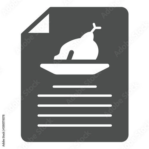 Chicken or turkey recipe paper solid icon, culinary cooking concept. Vector graphics. Recipe of fried chicken dish sign on white background, glyph style icon for mobile or web design.