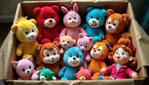 Wallpaper Mural Abundant collection of plush toys, action figures, dolls, and board games in a large box, charity donations, action figures Torontodigital.ca