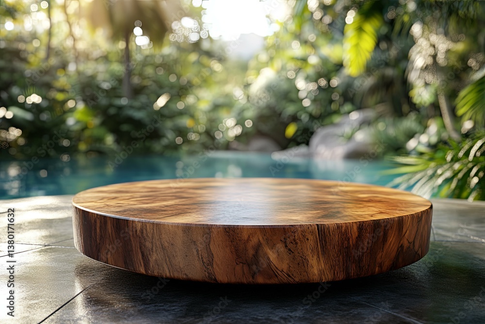 A wooden platform is displayed in a tropical outdoor environment A wooden platform is displayed in a tropical outdoor environment