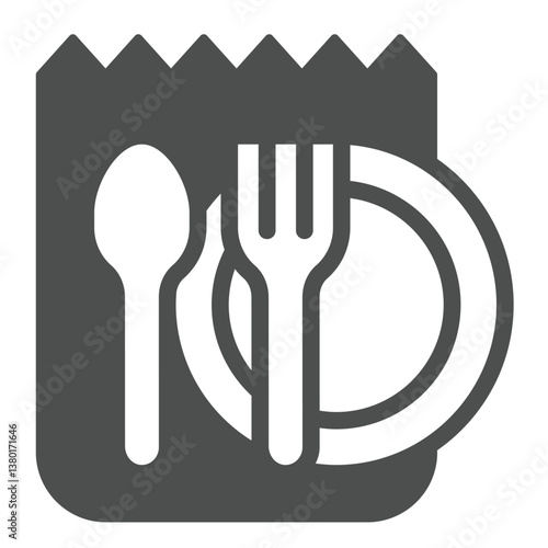 Disposable plastic tableware solid icon, culinary cooking concept. Vector graphics. Plastic spoon, fork and paper bag sign on white background, glyph style icon for mobile or web design.