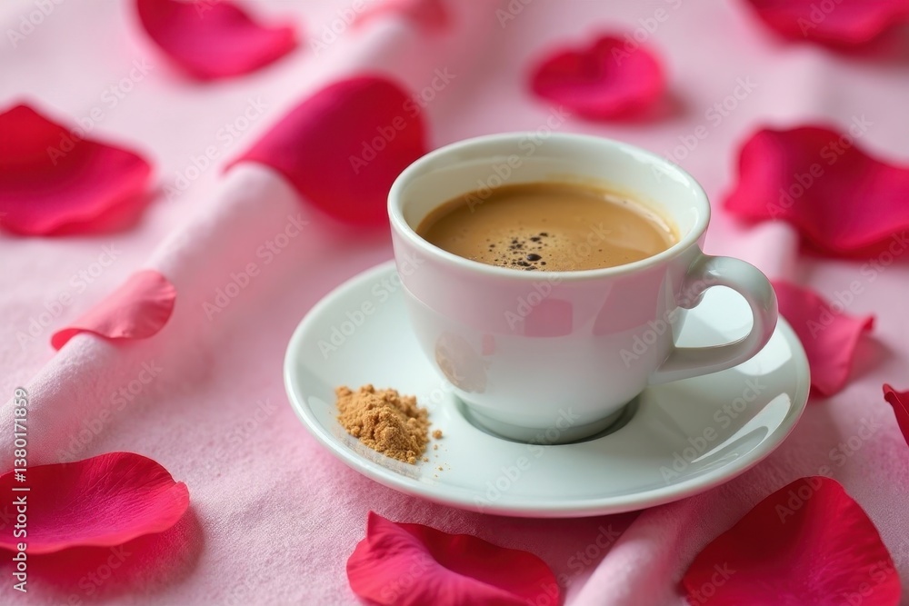 A cup of coffee and collagen powder sitting on a rose-petal-patterned tablecloth, coffee, powder A cup of coffee and collagen powder sitting on a rose-petal-patterned tablecloth, coffee, powder