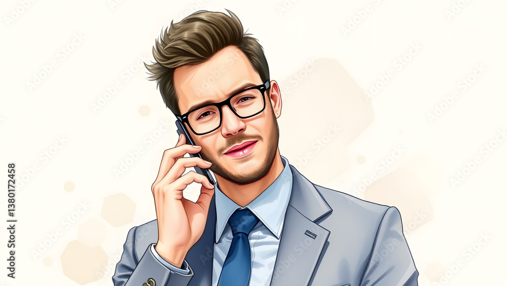A smartly dressed businessman with glasses is engrossed in a phone conversation. A smartly dressed businessman with glasses is engrossed in a phone conversation.
