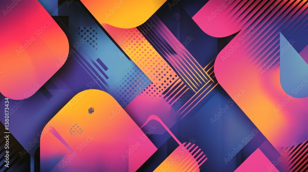 Abstract geometric shapes in vibrant colors. Dynamic overlapping forms create a visually stimulating design. Bold hues and patterns combine to create a striking artistic effect