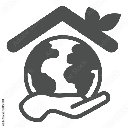 Planet earth with rooftop and leaves in hand solid icon, eco tourism concept. Vector graphics. Hand with world globe, leaf sign on white background, glyph style icon for mobile or web design.