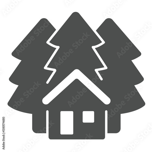 Forest watcher cabin solid icon, eco tourism concept. Vector graphics. House and forest trees sign on white background, glyph style icon for mobile or web design.