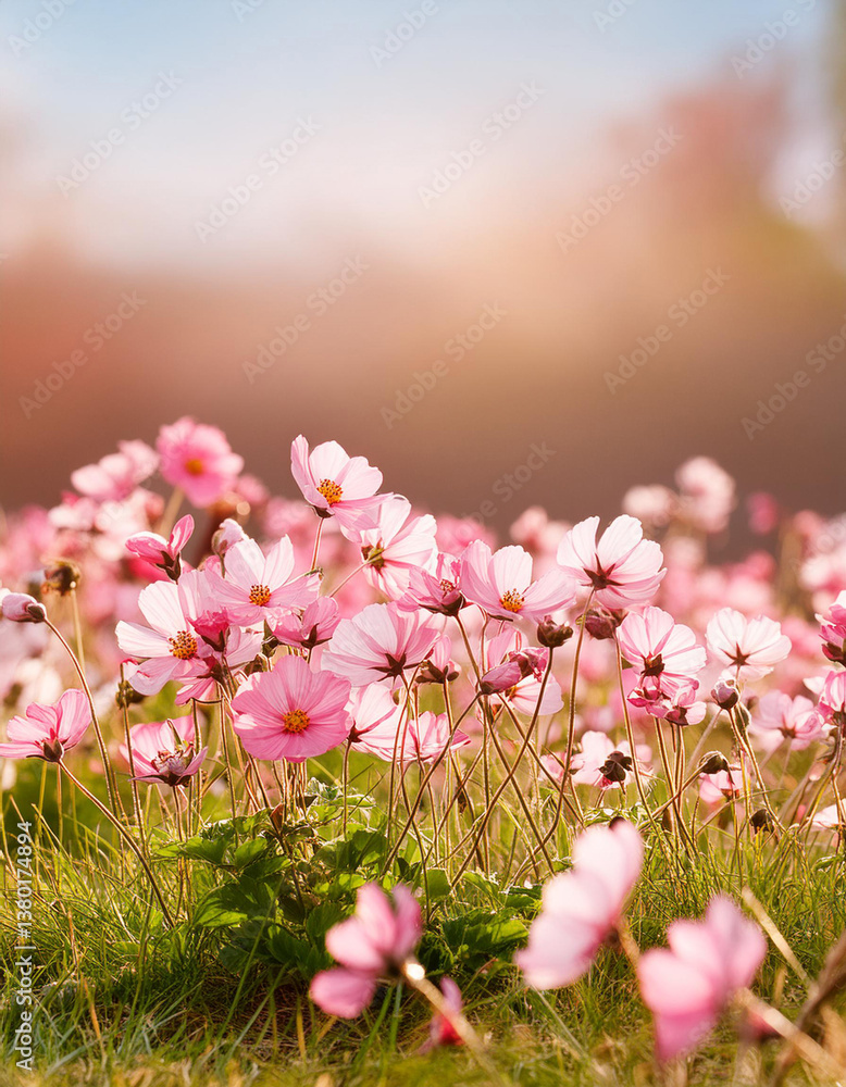 Picturesque field of pink flowers, dreamy soft-focus background. Summer floral landscape background