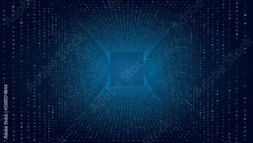 Technology wireframe square tunnel on blue background. Futuristic 3D wormhole grid. Big data visualization. Vector illustration.
