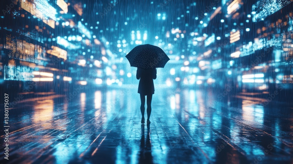 Fototapeta premium Solitary Figure in a Neon Rain