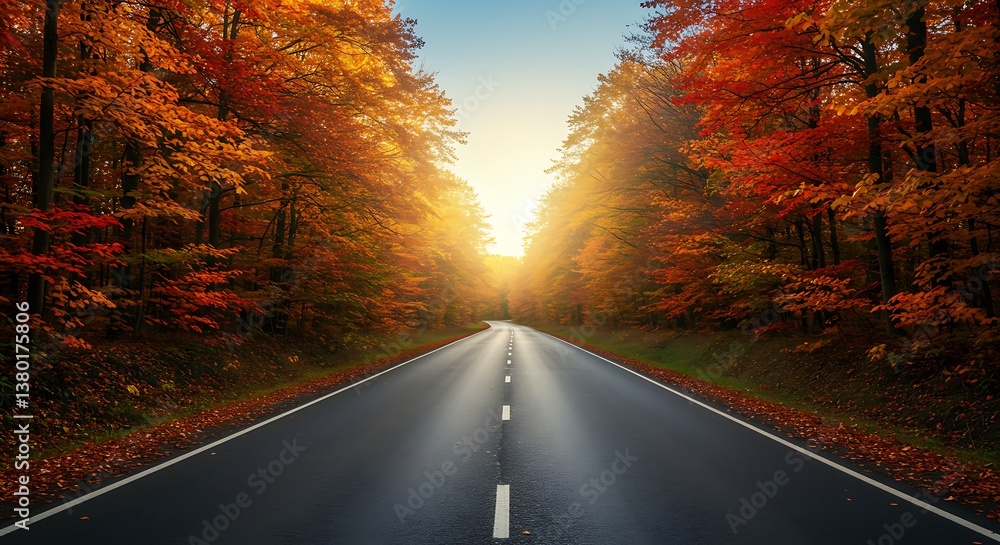 Fototapeta premium Autumn's Golden Road AI Generated
