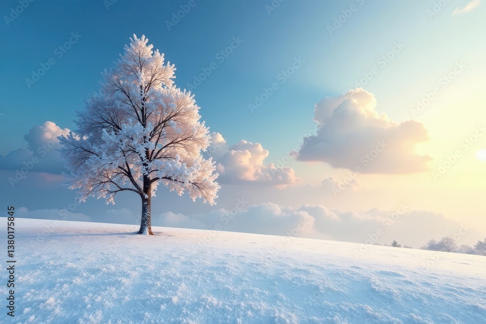 A lone tree stands tall amidst a blanket of fresh snow , forest, winter A lone tree stands tall amidst a blanket of fresh snow , forest, winter
