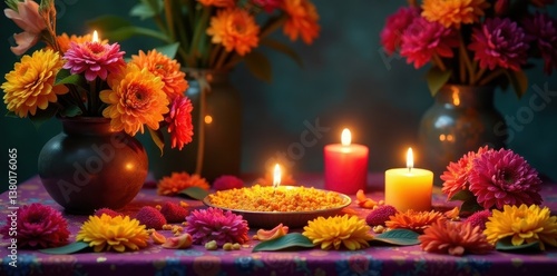 Wallpaper Mural Altar with colorful marigolds, candles, and papel picado flowers, vibrant colors, festival decor Torontodigital.ca