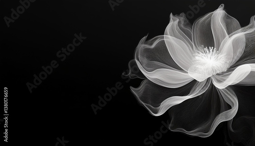 Obraz na płótnie Delicate white translucent flower on black. Ethereal, airy petals floral composition with copy space w salonie