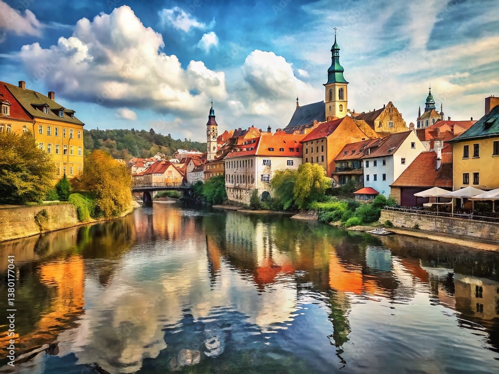 Naklejka premium Cesky Krumlov, Czech Republic: Vltava River and Medieval Town Panorama