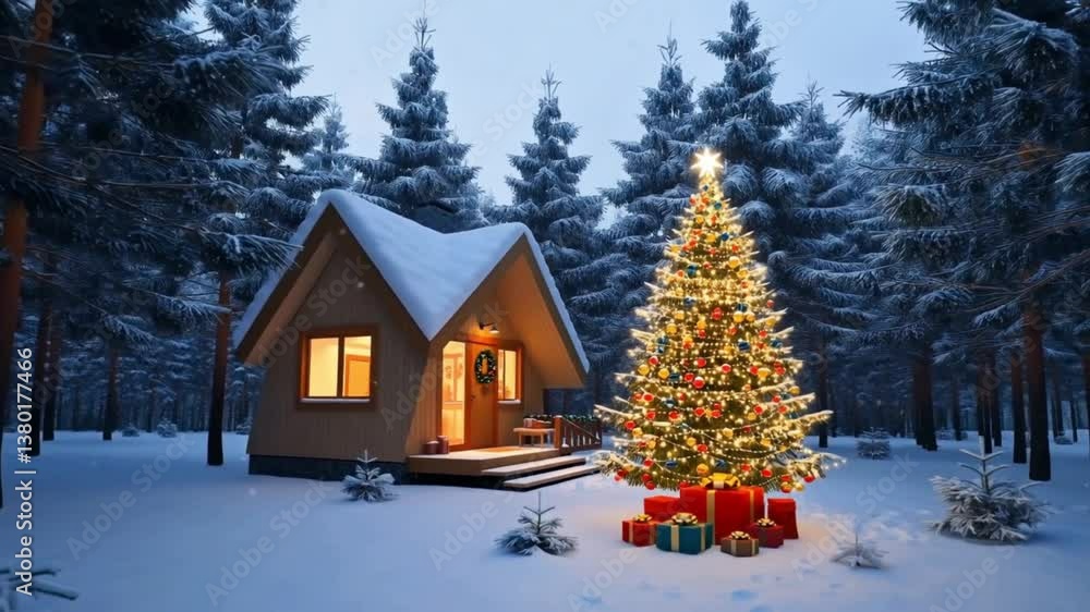 Snowy Christmas Nature Small House in the Middle of the Forest with Christmas Tree Decorated with Lights and Gifts Snowy Christmas Nature Small House in the Middle of the Forest with Christmas Tree Decorated with Lights and Gifts