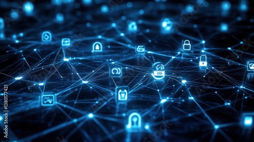 Abstract network of interconnected digital icons