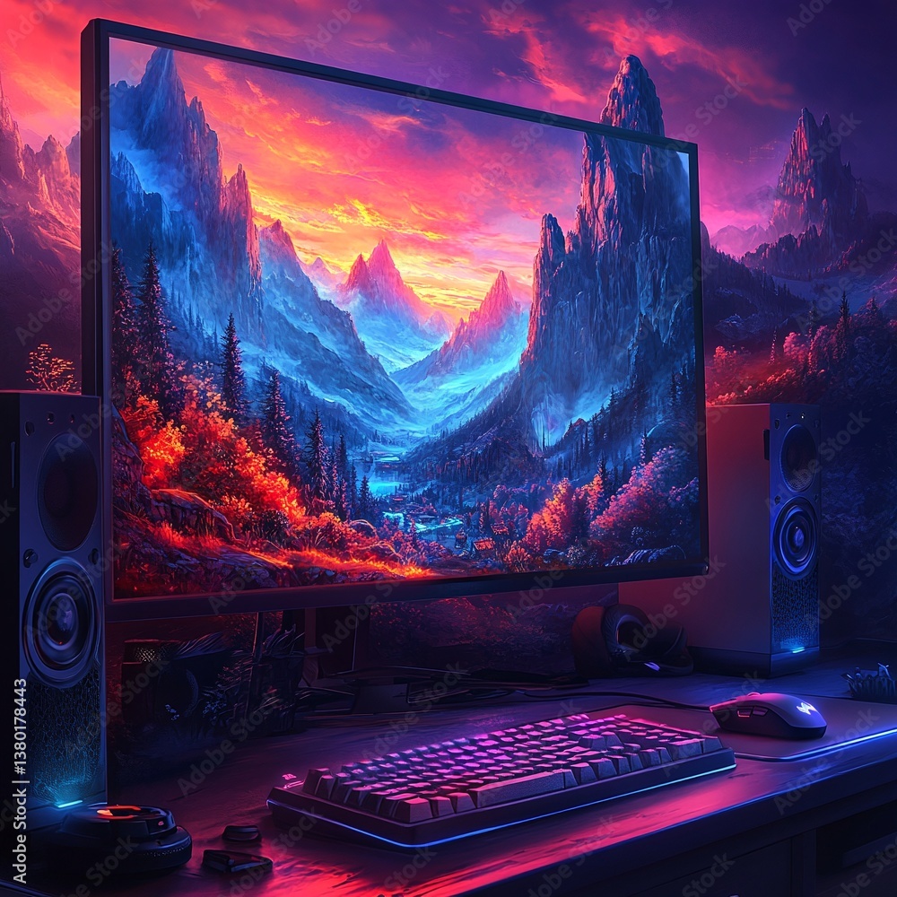 Vibrant sunset landscape displayed on a computer monitor, complemented by a keyboard and speakers in a dimly lit room. A captivating digital art scene. Vibrant sunset landscape displayed on a computer monitor, complemented by a keyboard and speakers in a dimly lit room. A captivating digital art scene.