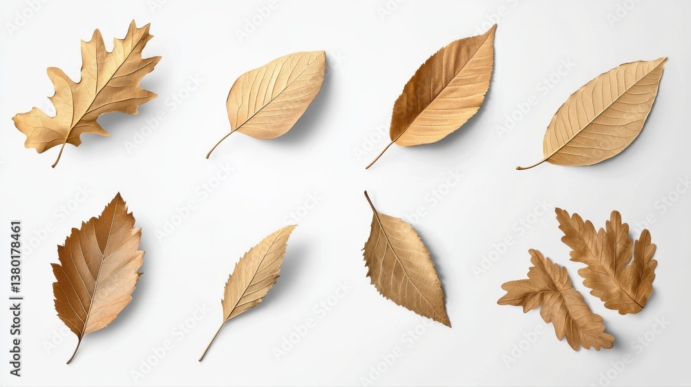 Obraz premium Collection of dried, golden leaves arranged on a white background, perfect for autumn-themed designs.