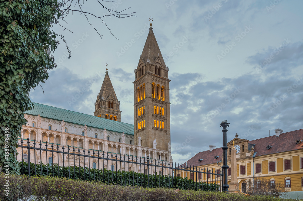 illuminated bell tower at Sts. Peter and Paul's Cathedral