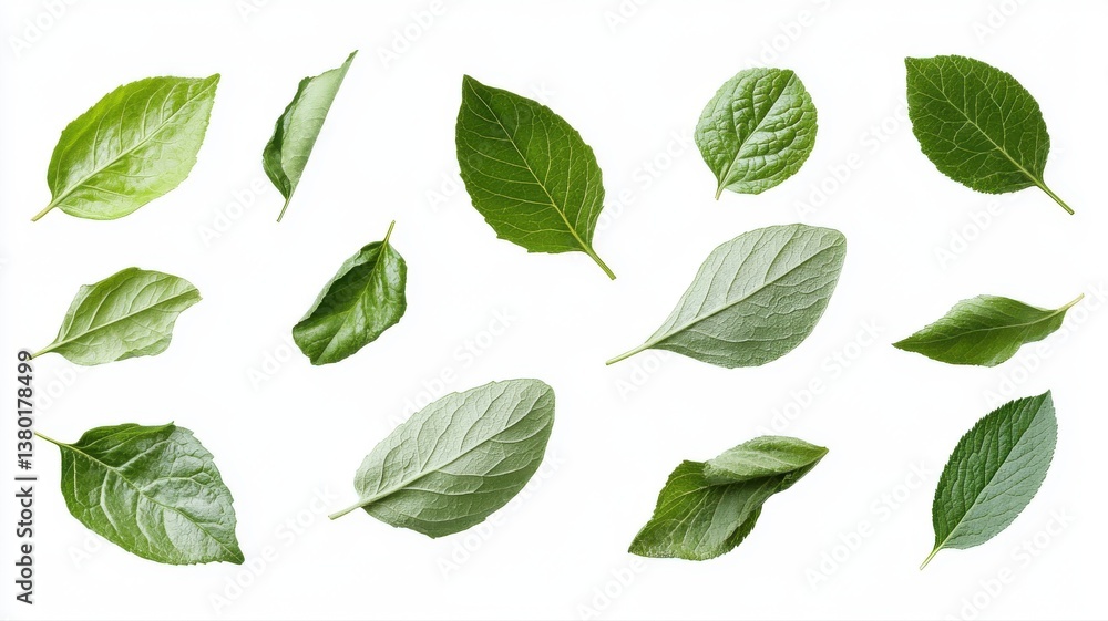 Fototapeta premium Collection of green leaves on a white background, showcasing different textures and shapes in natural beauty.