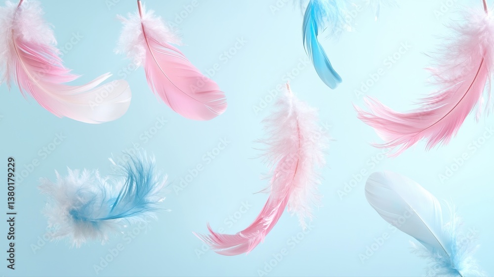 Colorful feathers floating on a light blue background, depicting lightness and freedom. Colorful feathers floating on a light blue background, depicting lightness and freedom.