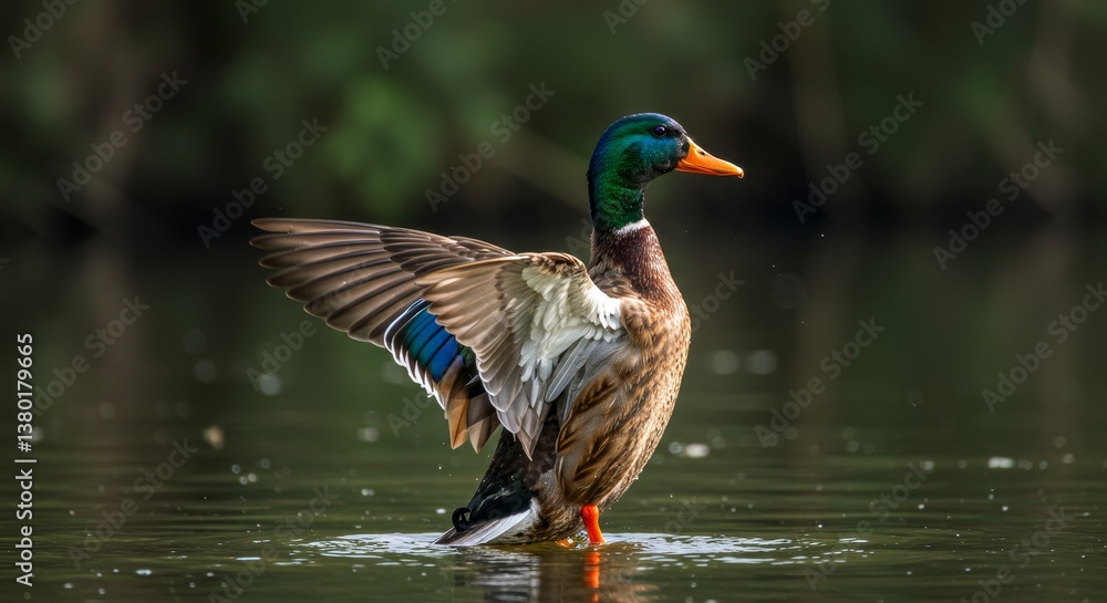 Obraz premium Majestic Mallard in Tranquil Waters - A vibrant mallard duck emerges from calm water, symbolizing freedom, serenity, nature, beauty, and grace