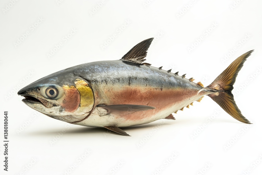 A fresh whole fish displayed against a simple white background A fresh whole fish displayed against a simple white background