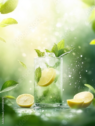 Refreshing mint lemonade served in a glass with vibrant green background and fresh lemon slices