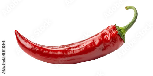 Red chili pepper isolated on transparent background, Close-up of a fresh red chili pepper with a curved shape, isolated on a white background, highlighting its vibrant color and texture.  
