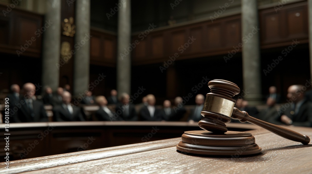 A gavel rests on a desk, symbolizing justice and the legal system in a courtroom setting. A gavel rests on a desk, symbolizing justice and the legal system in a courtroom setting.