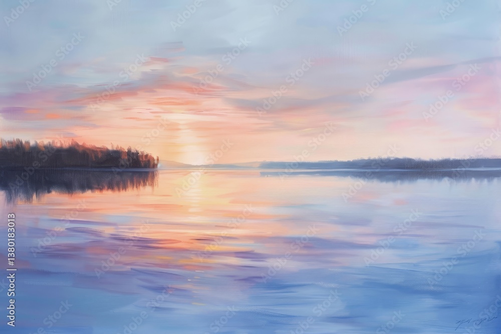 Fototapeta premium A peaceful scene with a soft, colorful sunset reflecting on a calm lake, A serene sunset over a tranquil lake, with soft pastel hues reflecting on the water