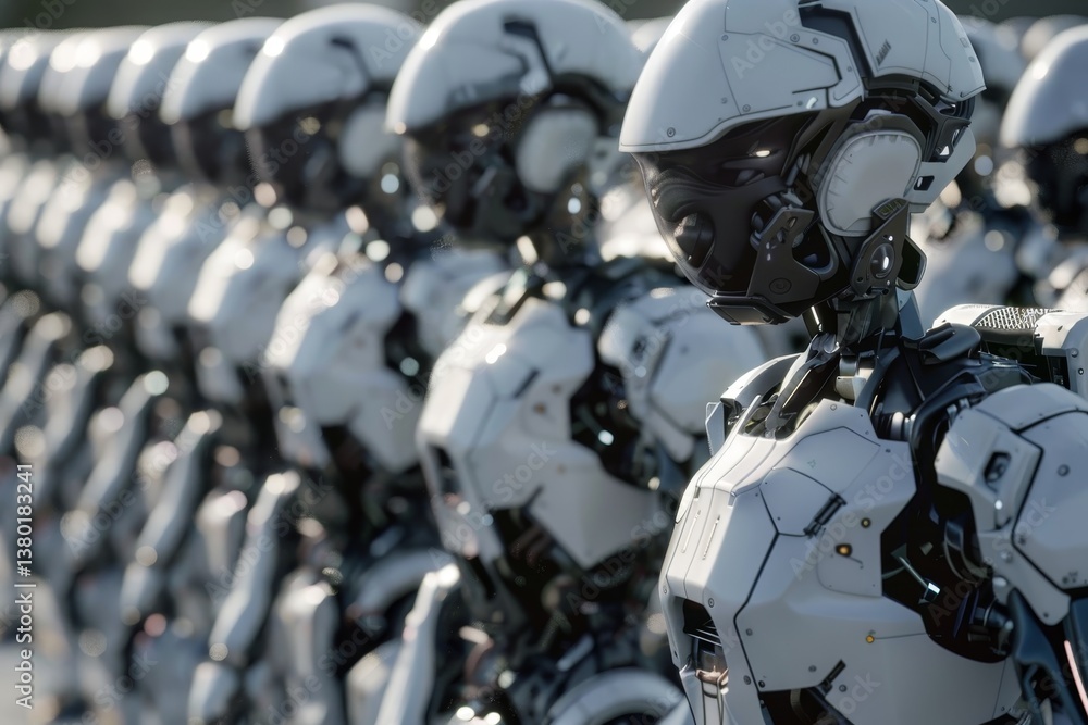 A line of white robotic soldiers march in perfect formation, their faces obscured by helmets, An army of robotic soldiers marching in perfect formation A line of white robotic soldiers march in perfect formation, their faces obscured by helmets, An army of robotic soldiers marching in perfect formation