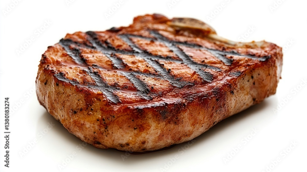 Grilled pork chop with perfect sear and char marks on a white background for culinary and food presentation Grilled pork chop with perfect sear and char marks on a white background for culinary and food presentation