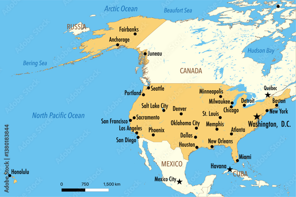 Obraz premium Vector Map of the United States of America with Major Cities and Neighboring Countries – Editable Illustration