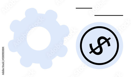 Light blue gear beside dollar sign in a circle conveys productivity, cost efficiency, and value creation. Ideal for finance, business, process optimization, investment, budgeting, profitability